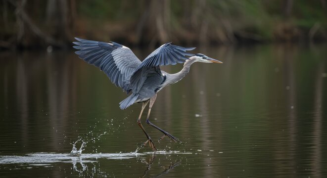 Majestic heron taking flight from calm waters, wings spread wide open - Powered by Adobe
