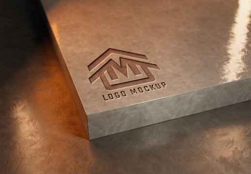 Carved Logo On Shiny Concrete Plate Corner Mockup
