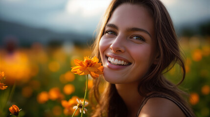 A candid moment of a joyful young woman bathed in golden hour light, smiling amidst a vibrant field of orange flowers.
