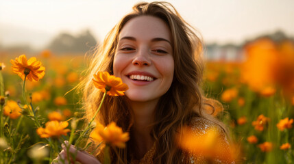 Sun-kissed portrait of a happy woman in a blooming meadow, enjoying the beauty of nature with glowing, backlit hair.