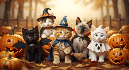 Adorable Kittens Dressed in Halloween Costumes Gathered for a Spooky Celebration