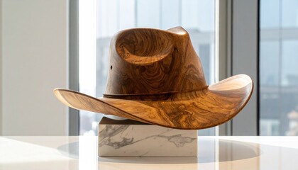 Wooden cowboy hat sculpture on a marble block