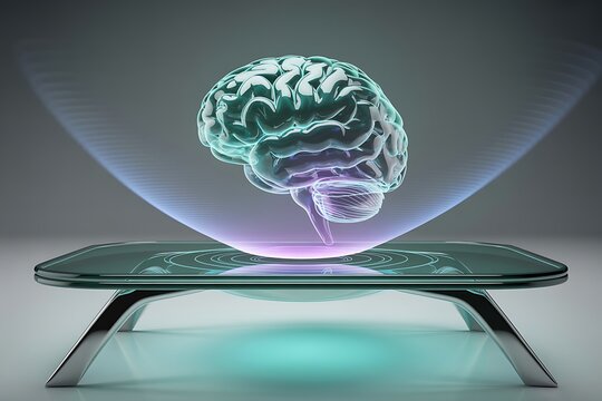 Futuristic Holographic Display Projecting a Detailed Translucent Human Brain with Glowing Neon Accents Showcasing Advanced Medical Technology and Cognitive Science Concepts