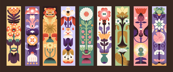 Set of bookmark designs with floral patterns. Mystic book mark templates with prints of nature. Layouts with abstract flowers, funny wildflowers, blooming plants with leaves. Flat vector illustrations