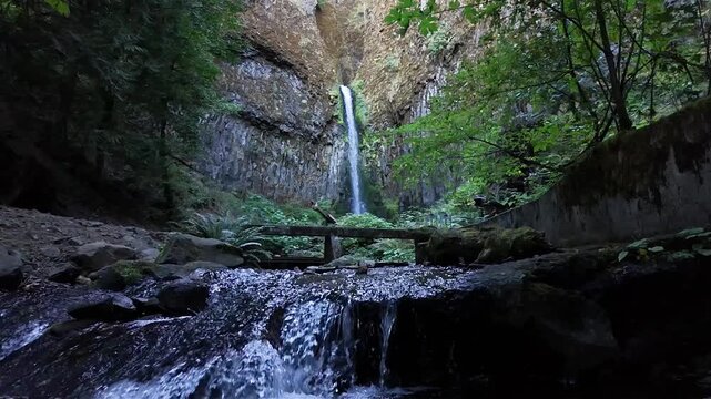 4K slow motion footage of Dry Creek Falls in Columbia River Gorge, Oregon, USA. Tall waterfall flowing through rocky cliffs and forest with hiking trail, clear stream in an early fall nature scene
