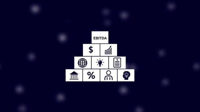 EBITDA business concept pyramid with icons and dark blue bokeh background EBITDA earnings before interest taxes depreciation amortization