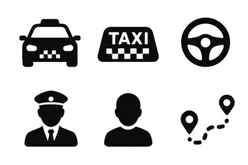 Taxi and driver icons: car, sign, steering wheel, locations
