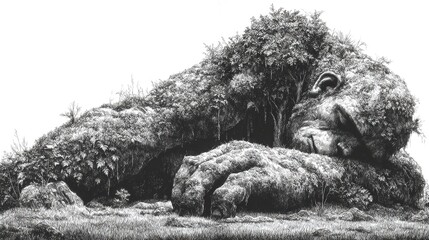 A slumbering giant awakens as nature s embrace reshapes his form a testament to timeless stories and the gentle artistry