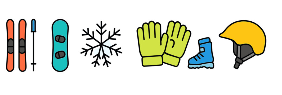 Colorful winter sports equipment icons: ski, snowboard, snowflake, gloves, boots, helmet