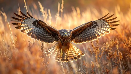 Obraz premium Magnificent Harrier Hawk Ascending Amidst Golden Grasses in Evocative Scene