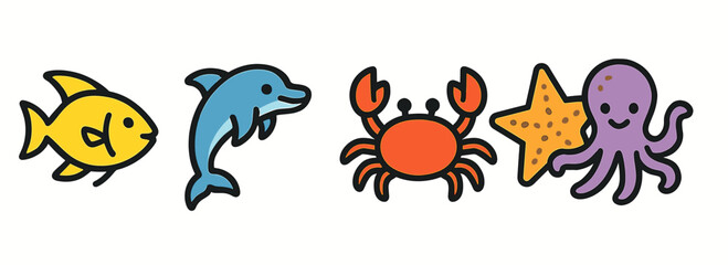 Obraz premium Cartoon sea animals: fish, dolphin, crab, starfish, octopus illustrations