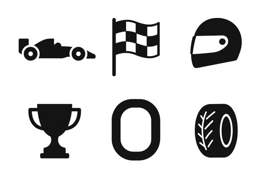 Racing elements: car, flag, helmet, trophy, track, tire icon set