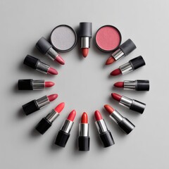 A circular arrangement of various lipsticks and makeup products showcasing vibrant colors and elegant packaging
