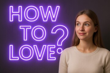 Smiling thoughtful young woman standing near neon purple sign with glowing words how to love on dark background