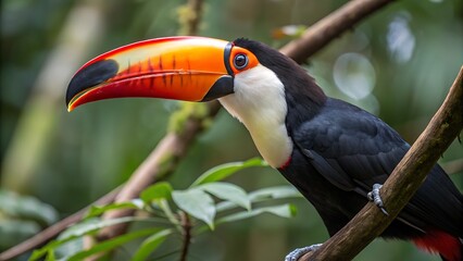Obraz premium Closeup of a channelbilled toucan perched on a branch, showcasing its distinctive beak and plumage against a blurred green backdrop