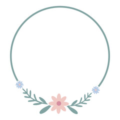 Pastel floral wreath with pink flower and blue buds on bottom half of the circle frame design element