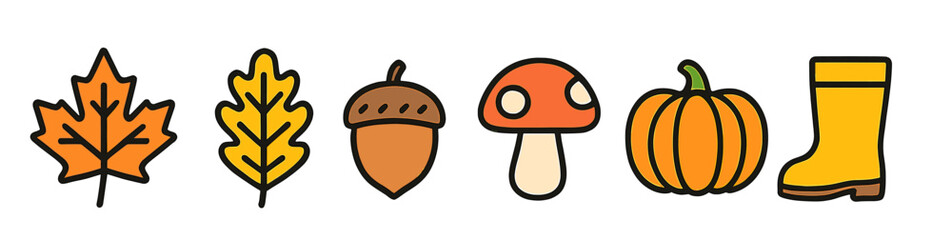 Autumn symbols: leaf, acorn, mushroom, pumpkin, boot illustrations