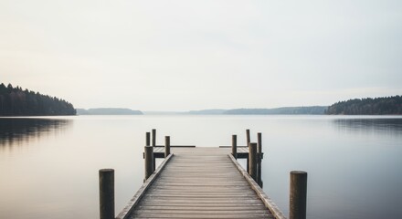 Naklejka premium Tranquil lake scene with wooden pier extending into the calm water surface