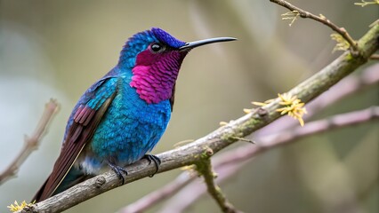 Fototapeta premium A vibrant violetcrowned woodnymph hummingbird perched on a delicate branch, displaying its iridescent plumage and intricate details in a natural setting