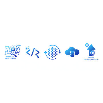 Modern Blue Technology Icons Set &ndash; Artificial Intelligence, Coding, Cloud Computing, and Digital Transformation