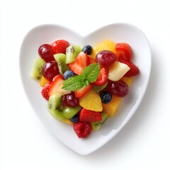 Vibrant heart shaped fruit salad bursting with fresh berries and tropical flavors on a white plate