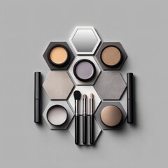 Elegant hexagonal arrangement of assorted makeup products and brushes on a neutral gray background