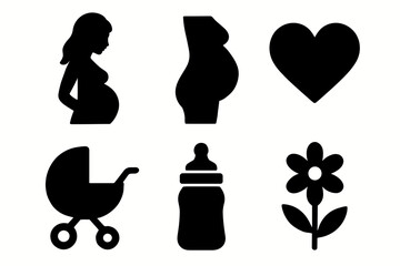 Silhouette icons of pregnancy, heart, stroller, baby bottle, and flower