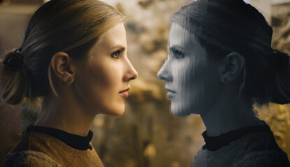 Young woman looks at her reflection in mystical mirror.