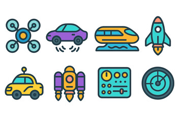 Naklejka premium Futuristic technology icons: drone, car, train, rocket, taxi, jetpack, control panel, radar