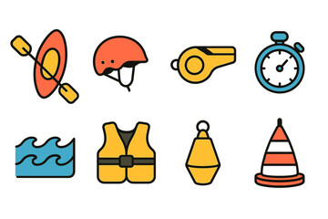 Naklejka premium Colorful icons of kayaking equipment and water safety gear