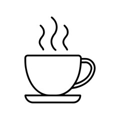 Outline drawing of a cup with steam on a saucer on transparent background