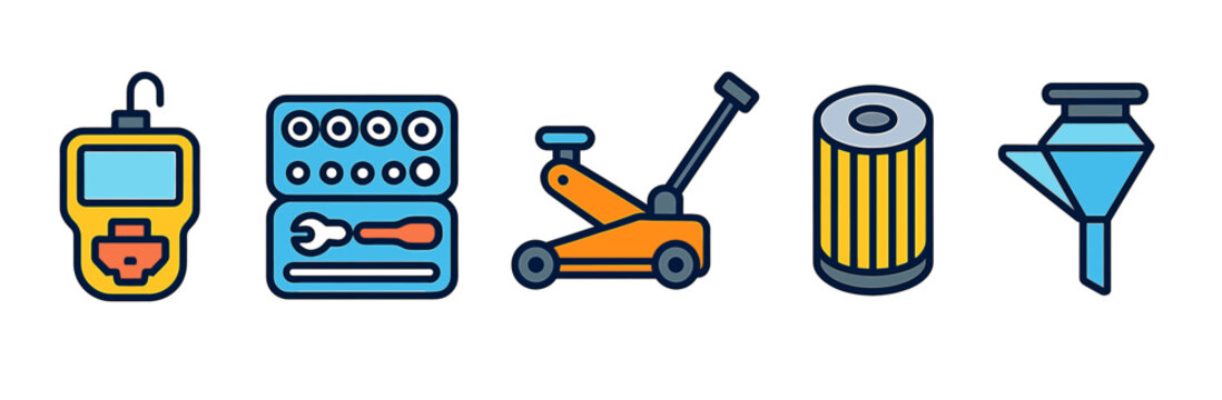 Car maintenance tools: diagnostic scanner, tool kit, jack, oil filter, funnel icons