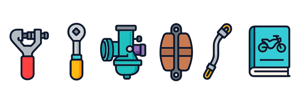 Bicycle repair tools and guidebook icons in colorful design