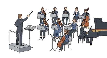 Orchestra illustration A conductor leading a musical ensemble with various instruments playing together © Avra