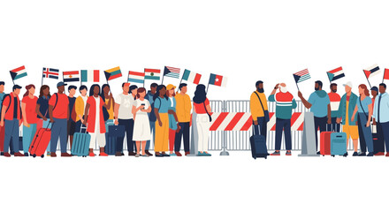 Crowd of diverse immigrants and refugees with international flags standing at a closed border control barricade