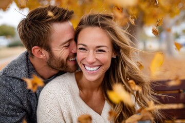 Couple enjoying autumn together while playing with falling leave