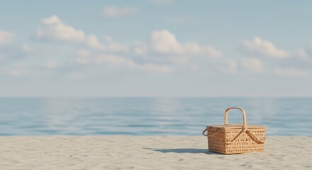 A Serene Beach Picnic, Woven Basket on Sandy Shoreline with Calm Ocean View