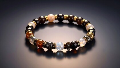 Obraz premium Elegant Beaded Bracelet with Earth Tones on a Reflective Surface