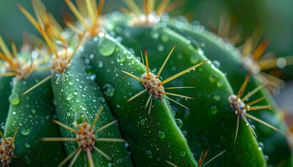 Close-up Macro Shot of Cactus Needles with Morning Dew Drops &ndash; Hyperrealistic Botanical Photography Capturing Nature&rsquo;s Tiny Details, Textures, and Reflections in Pristine Desert Light
