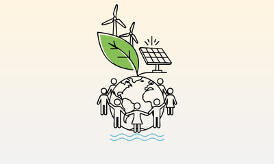 Global community supporting green energy with solar panels, wind turbines, and sustainable planet concept for environmental protection and renewable future.