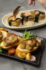 Contrast in Delicacy, Seared Foie Gras on Toast with Roasted Vegetables and Gourmet Japanese Foie Gras Nigiri Sushi Platter