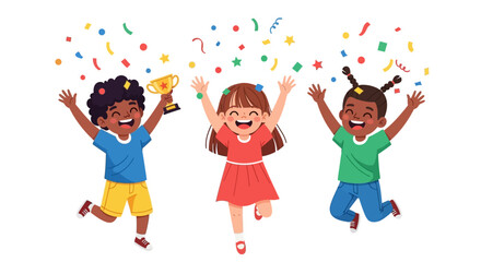 Fototapeta premium A cheerful group of diverse children jumping for joy, celebrating a victory with a trophy and confetti in a colorful vector illustration