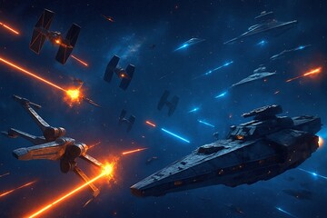 A massive starship leads a fleet of fighters through deep space firing laser blasts during an epic galactic battle