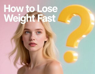A blonde woman looks directly at the camera with a large golden question mark floating near her head on a split pink and blue backdrop