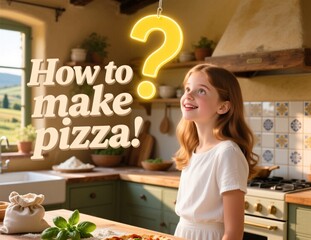 A smiling girl in a kitchen looks up at a hanging yellow question mark beside text asking how to make pizza