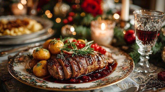Christmas meal, served on the table with decoration christmas - Powered by Adobe