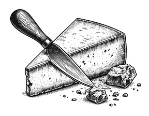 Hand-drawn illustration of a cheese wedge with a knife