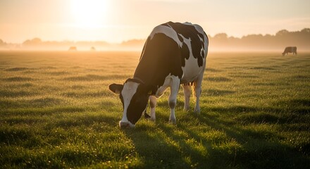 Dairy cows grazing in a meadow at sunrise in the countryside