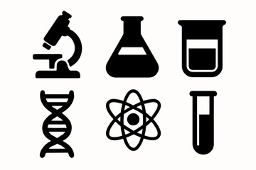 Science icons: microscope, flask, beaker, dna, atom, test tube symbols