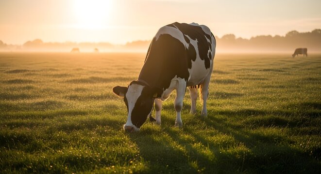 Dairy cows grazing in a meadow at sunrise in the countryside - Powered by Adobe